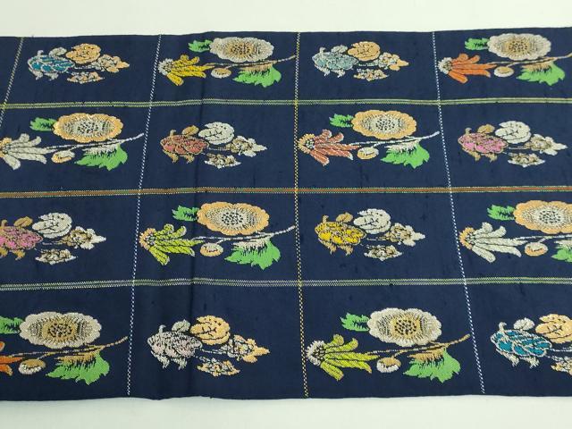 平和屋本店●最高級 龍村平蔵製 太鼓柄 本袋帯 モール草花 金銀糸 濃い紺色地 逸品 DZAB2854kh6