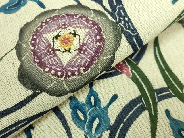 平和屋本店*最高級 夏物 城間栄順 本場琉球紅型 九寸名古屋帯 花唐草 証紙付き 逸品 未使用 DZAB2856kh6