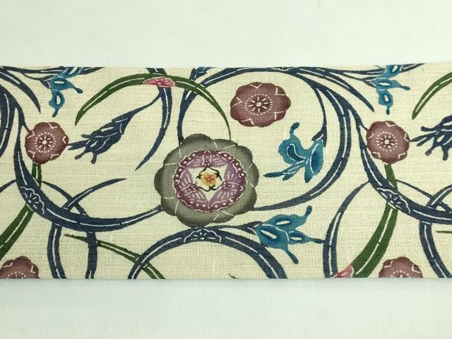 平和屋本店*最高級 夏物 城間栄順 本場琉球紅型 九寸名古屋帯 花唐草 証紙付き 逸品 未使用 DZAB2856kh6