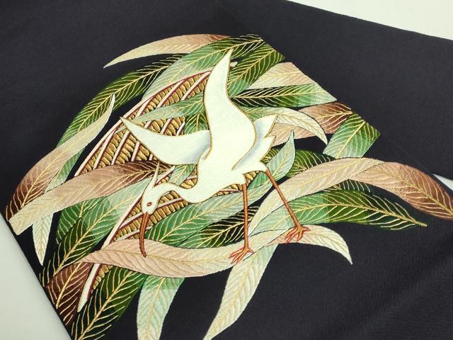 平和屋本店●極上 浦野理一 九寸名古屋帯 総刺繍 白鷺 黒紅色地 金糸 鬼しぼ縮緬 逸品 DZAB2859kh6