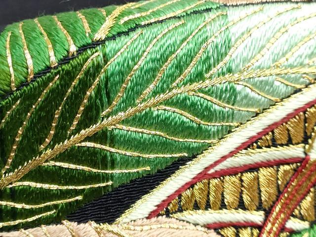 平和屋本店●極上 浦野理一 九寸名古屋帯 総刺繍 白鷺 黒紅色地 金糸 鬼しぼ縮緬 逸品 DZAB2859kh6