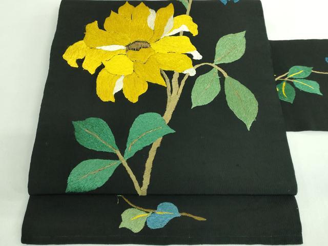 平和屋着物●極上 アンティーク 大正ロマン 九寸名古屋帯 総手刺繍 枝花文 黒地 金糸 逸品 DZAB2867kh6