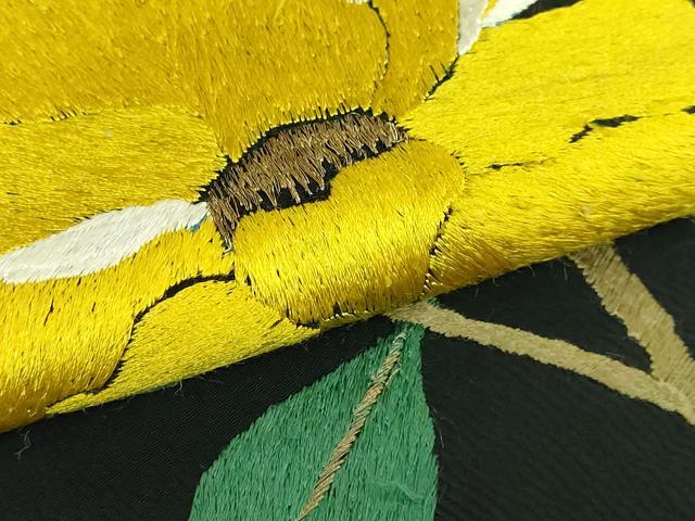平和屋着物●極上 アンティーク 大正ロマン 九寸名古屋帯 総手刺繍 枝花文 黒地 金糸 逸品 DZAB2867kh6