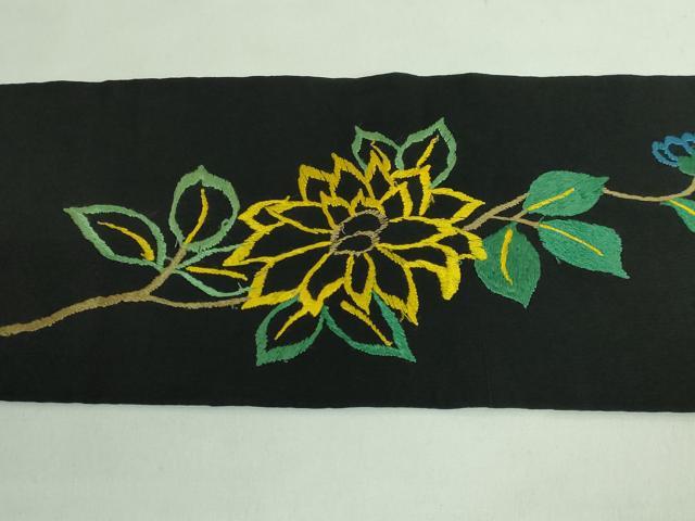 平和屋着物●極上 アンティーク 大正ロマン 九寸名古屋帯 総手刺繍 枝花文 黒地 金糸 逸品 DZAB2867kh6