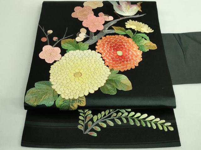 平和屋着物●極上 アンティーク 大正ロマン 九寸名古屋帯 総手刺繍 花鳥文 黒地 金糸 逸品 DZAB2871kh6