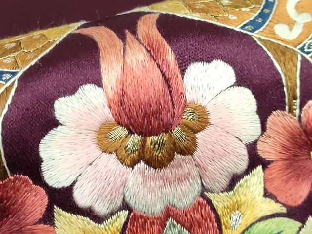 平和屋着物●極上 セミアンティーク 九寸名古屋帯 総刺繍 孔雀花文 金彩 逸品 DZAB2872kh6