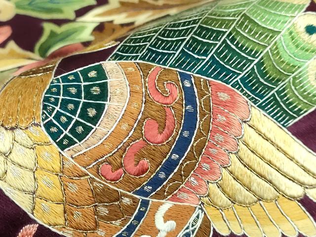 平和屋着物●極上 セミアンティーク 九寸名古屋帯 総刺繍 孔雀花文 金彩 逸品 DZAB2872kh6