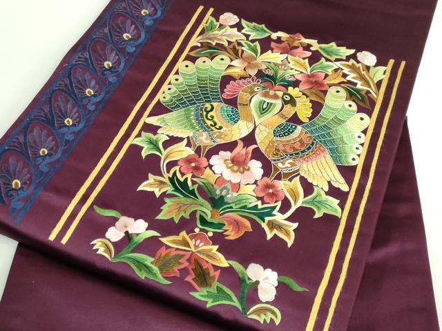平和屋着物●極上 セミアンティーク 九寸名古屋帯 総刺繍 孔雀花文 金彩 逸品 DZAB2872kh6