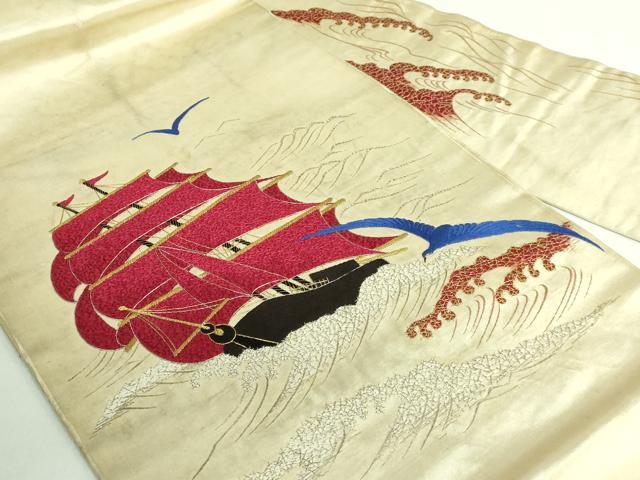 平和屋本店●極上 アンティーク 大正ロマン 九寸名古屋帯 総手刺繍 カモメ 船 金銀糸 逸品 DZAB2874kh6