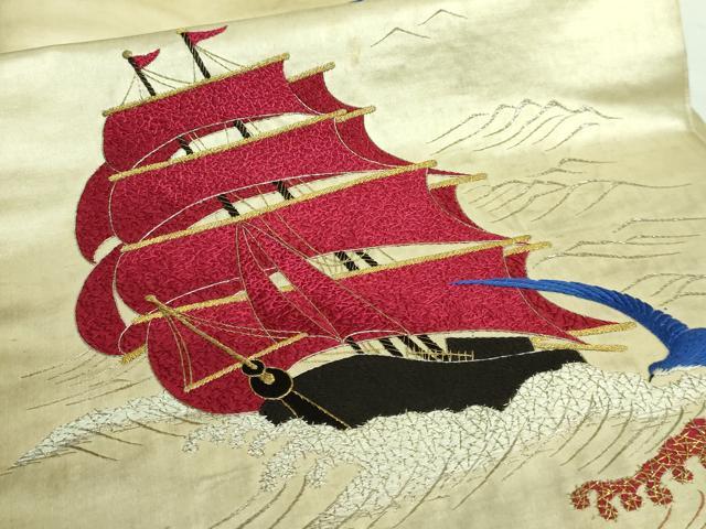 平和屋本店●極上 アンティーク 大正ロマン 九寸名古屋帯 総手刺繍 カモメ 船 金銀糸 逸品 DZAB2874kh6