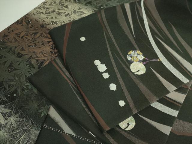 平和屋着物●極上 西陣 河瀬満織物謹製 両面 全通柄袋帯 鈴 葉尽くし 黒地 金糸 証紙・反端付き 逸品 DZAB2885kh6