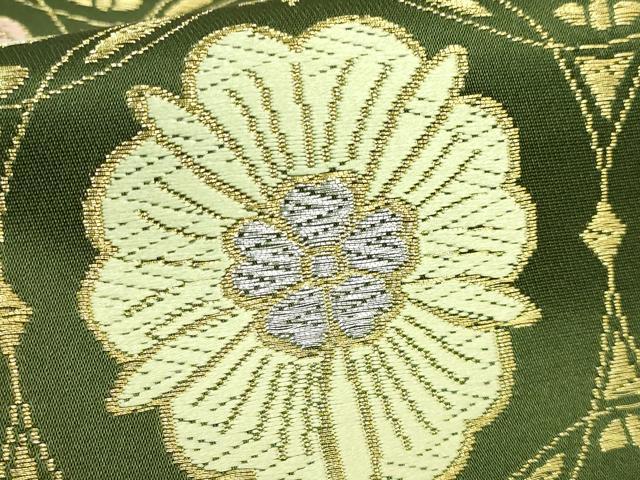 平和屋着物●極上 六通柄袋帯 唐織 花丸四季文 濃い苔色地 金銀糸 逸品 DZAB2891kh6
