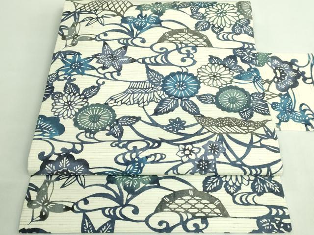 平和屋着物●極上 九寸名古屋帯 紬地 型染め 藍 流水花蝶文 逸品 DZAB2898kh6