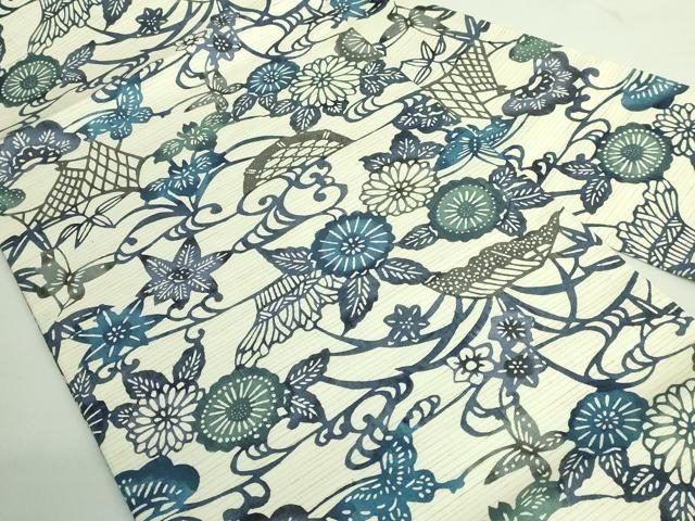 平和屋着物●極上 九寸名古屋帯 紬地 型染め 藍 流水花蝶文 逸品 DZAB2898kh6