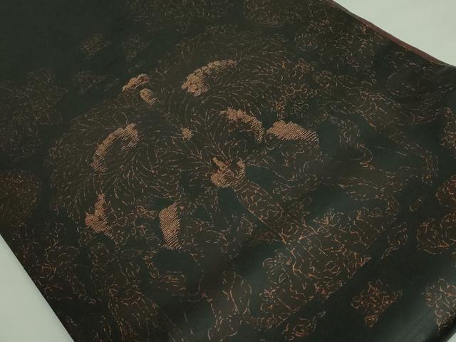 平和屋着物●極上 ファッションデザイナー 稲葉賀恵 太鼓柄袋帯 紬地 刺繍 樹下人獣花文 黒地 逸品 DZAB2909kh6