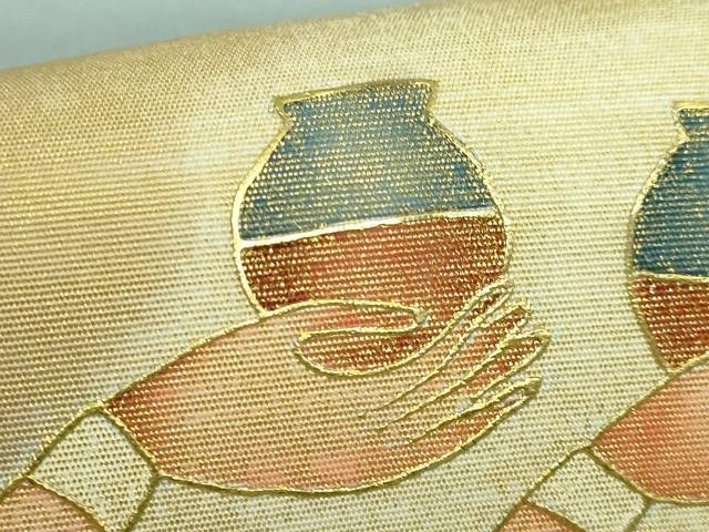平和屋着物●極上 塩瀬 九寸名古屋帯 エジプト壁画文様 湊鼠色地 金彩 逸品 DZAB2931kh6
