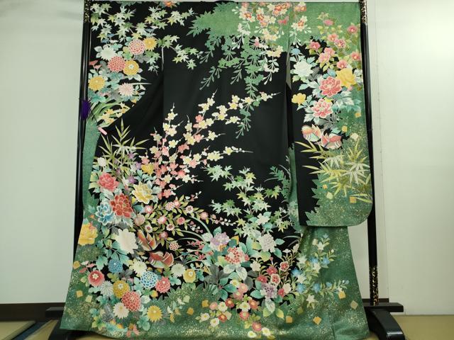 平和屋本店●極上 振袖 駒刺繍 鴛鴦花文 たたき染め 黒地 金彩 逸品 DZAB2956kh6