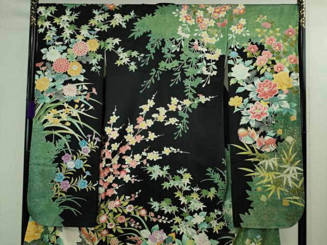平和屋本店●極上 振袖 駒刺繍 鴛鴦花文 たたき染め 黒地 金彩 逸品 DZAB2956kh6