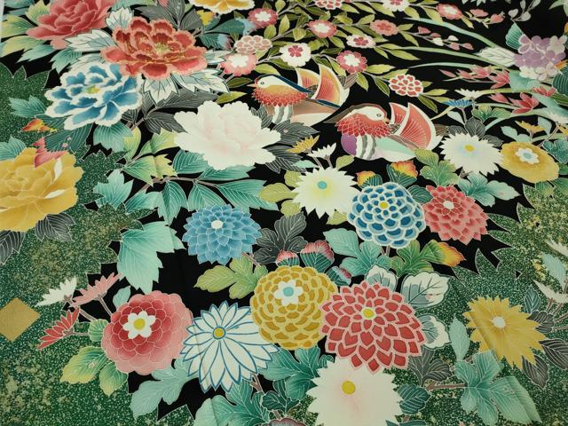 平和屋本店●極上 振袖 駒刺繍 鴛鴦花文 たたき染め 黒地 金彩 逸品 DZAB2956kh6