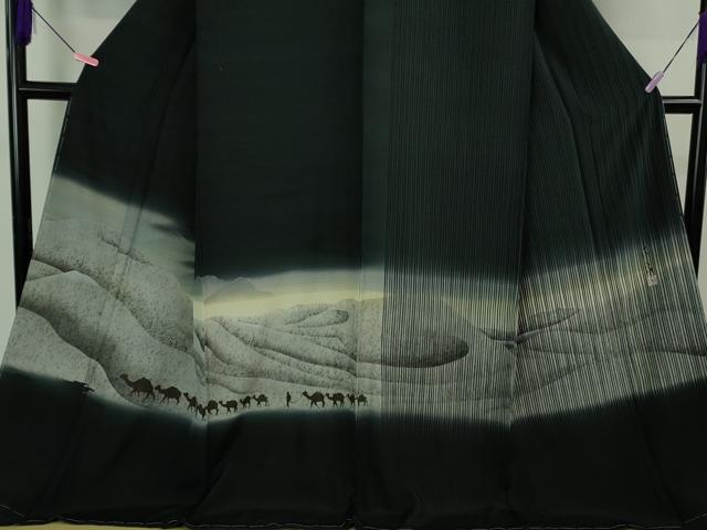 平和屋着物●極上 訪問着 作家物 シルクロード 駱駝 ラクダ 暈し染め 銀彩 百入茶色地 ロング丈 逸品 未使用 DZAB2983kh6