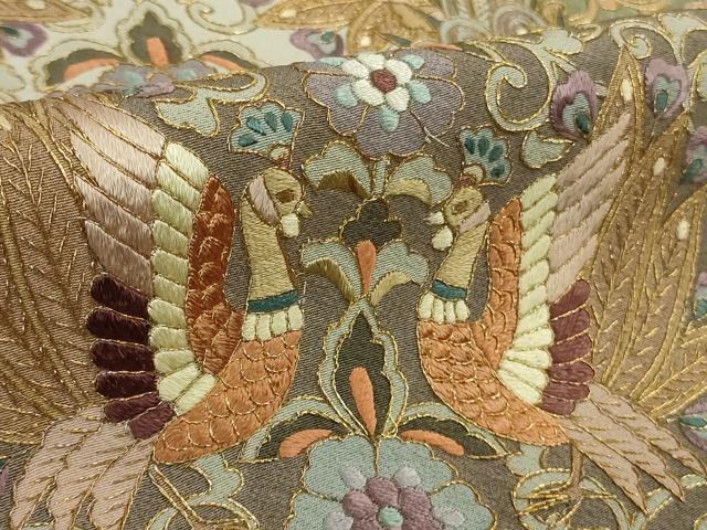 平和屋本店●極上 訪問着 総刺繍 駒刺繍 双鳥更紗花唐草文 薄梅鼠色地 金糸 逸品 DZAB2984kh6