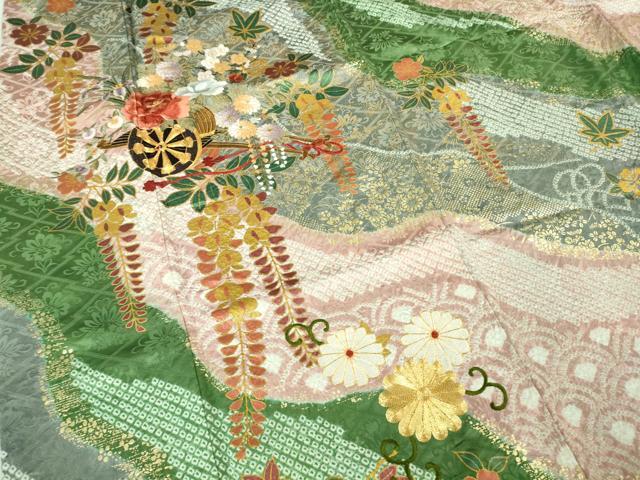 平和屋着物●極上 振袖 駒刺繍 絞り 花車 道長花文 金彩 逸品 DZAB2987kh6