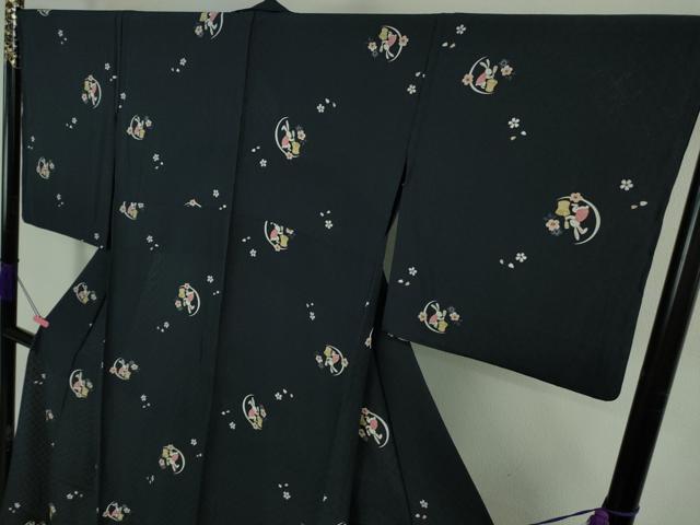 平和屋着物*極上 夏物 小紋 網目菱紋紗 十五夜 兎 うさぎ 餅つき 舞桜 濃藍色地 逸品 DZAB2993kh6