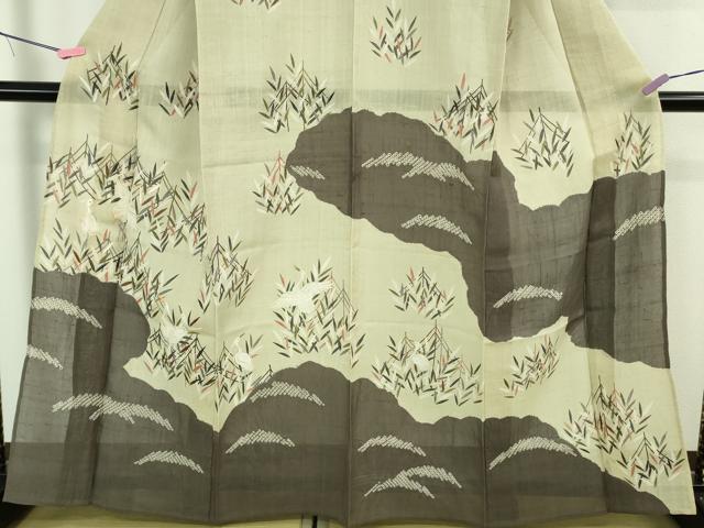 平和屋本店*極上 夏物 染織の名門 しょうざん 生紬 訪問着 駒刺繍 絞り 白鷺 雲取草葉文 金彩 逸品 DZAB3010kh6