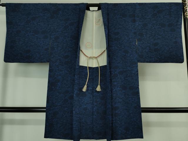 平和屋着物#極上 長羽織 藍染 型染 流水花文 羽織紐付き 反端付き 逸品 DZAB3013kh6