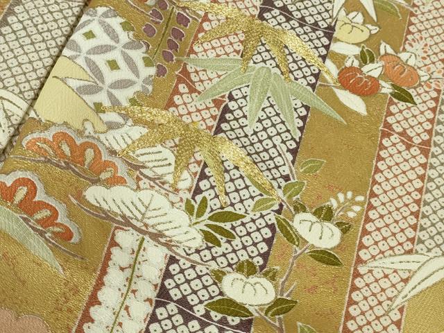 平和屋着物●極上 訪問着 駒刺繍 笹竹吉祥花文 芥子色地 金彩 逸品 DZAB3016kh6