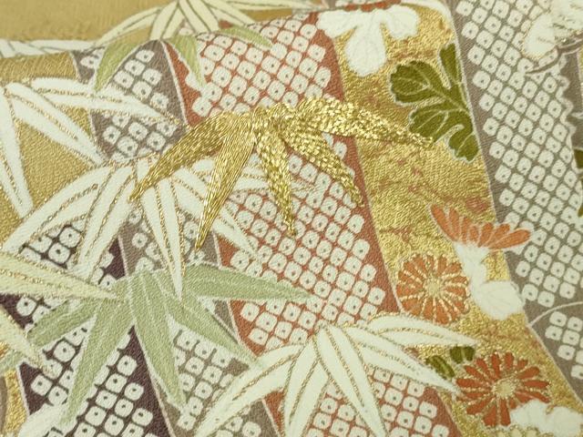 平和屋着物●極上 訪問着 駒刺繍 笹竹吉祥花文 芥子色地 金彩 逸品 DZAB3016kh6
