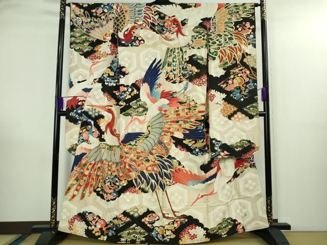 平和屋本店●極上 アンティーク 大正ロマン 振袖 駒刺繍 宝尽くし飛鶴文 黒地 金彩 逸品 DZAB3023kh6