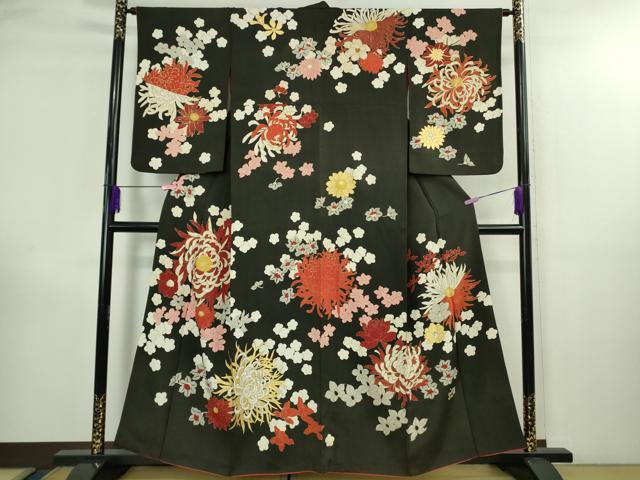 平和屋本店●極上 アンティーク 大正ロマン 訪問着 中国三大刺繍 相良刺繍 乱菊 黒地 金彩 逸品 DZAB3025kh6