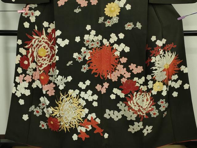 平和屋本店●極上 アンティーク 大正ロマン 訪問着 中国三大刺繍 相良刺繍 乱菊 黒地 金彩 逸品 DZAB3025kh6