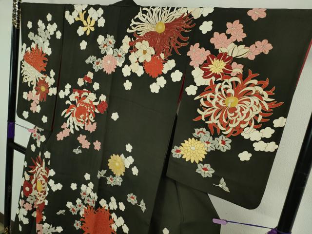 平和屋本店●極上 アンティーク 大正ロマン 訪問着 中国三大刺繍 相良刺繍 乱菊 黒地 金彩 逸品 DZAB3025kh6