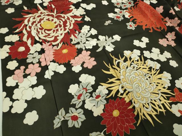 平和屋本店●極上 アンティーク 大正ロマン 訪問着 中国三大刺繍 相良刺繍 乱菊 黒地 金彩 逸品 DZAB3025kh6