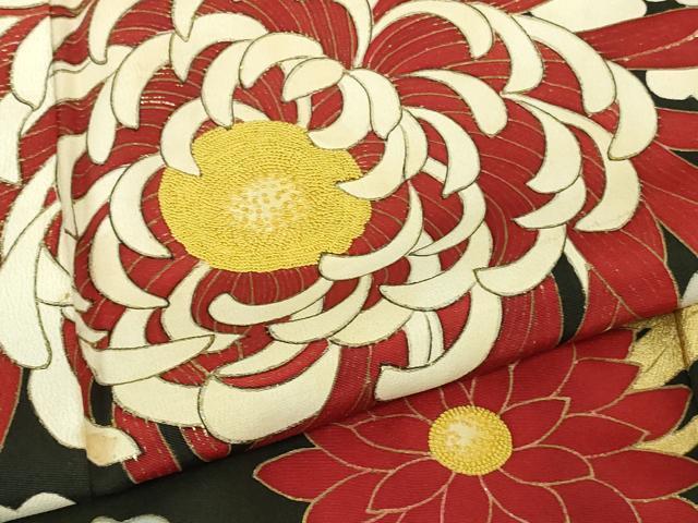 平和屋本店●極上 アンティーク 大正ロマン 訪問着 中国三大刺繍 相良刺繍 乱菊 黒地 金彩 逸品 DZAB3025kh6