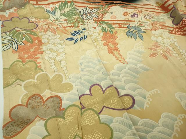 平和屋着物●極上 アンティーク 大正ロマン 振袖 駒刺繍 渡橋花松文 暈し染め 黒地 金彩 逸品 DZAB3030kh6