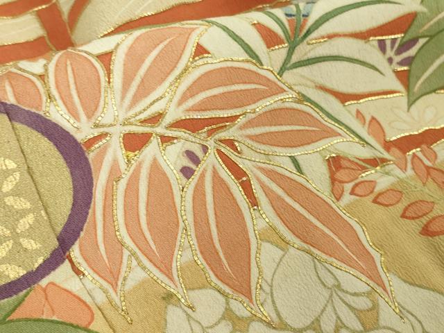 平和屋着物●極上 アンティーク 大正ロマン 振袖 駒刺繍 渡橋花松文 暈し染め 黒地 金彩 逸品 DZAB3030kh6