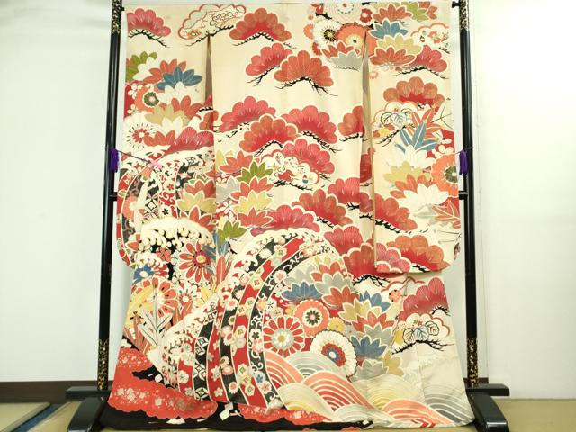 平和屋本店●極上 アンティーク 大正ロマン 振袖 駒刺繍 立波花松文 金彩 逸品 DZAB3031kh6