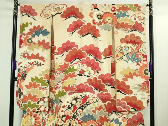 平和屋本店●極上 アンティーク 大正ロマン 振袖 駒刺繍 立波花松文 金彩 逸品 DZAB3031kh6