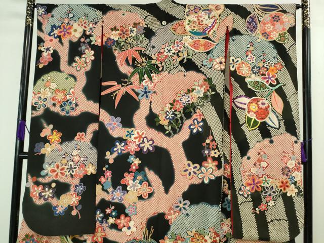 平和屋本店●極上 アンティーク 大正ロマン お引きずり・お引き摺り 引き振袖 駒刺繍 鳳凰吉祥花文 黒地 金彩 逸品 DZAB3032kh6