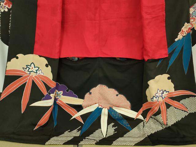 平和屋本店●極上 アンティーク 大正ロマン お引きずり・お引き摺り 引き振袖 駒刺繍 鳳凰吉祥花文 黒地 金彩 逸品 DZAB3032kh6