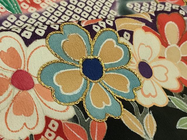 平和屋本店●極上 アンティーク 大正ロマン お引きずり・お引き摺り 引き振袖 駒刺繍 鳳凰吉祥花文 黒地 金彩 逸品 DZAB3032kh6