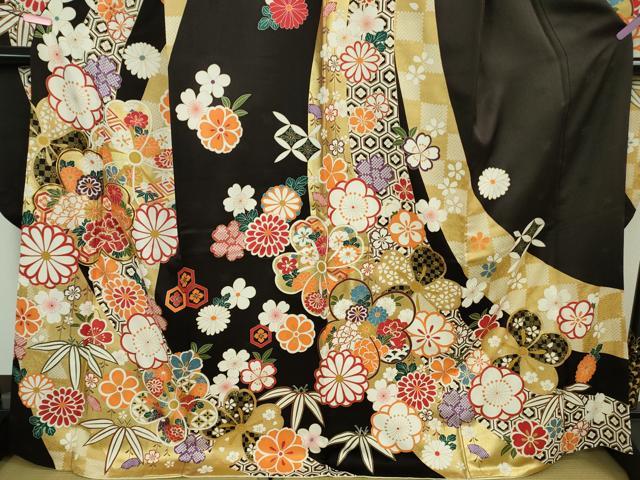 平和屋本店●極上 振袖・長襦袢(無双仕立て・半衿刺繍)セット 駒刺繍 鬘帯花文 黒紅色地 金彩 京都きもの友禅扱い 逸品 DZAB3034kh6