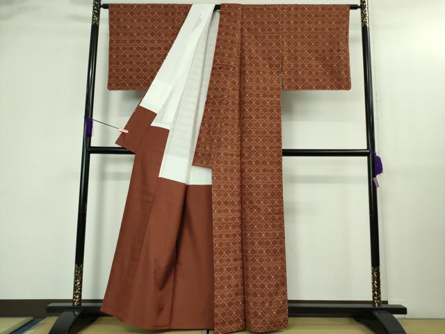 平和屋本店●極上 本場琉球 読谷山花織 紬地 唐茶色 逸品 未使用 DZAB3046kh6