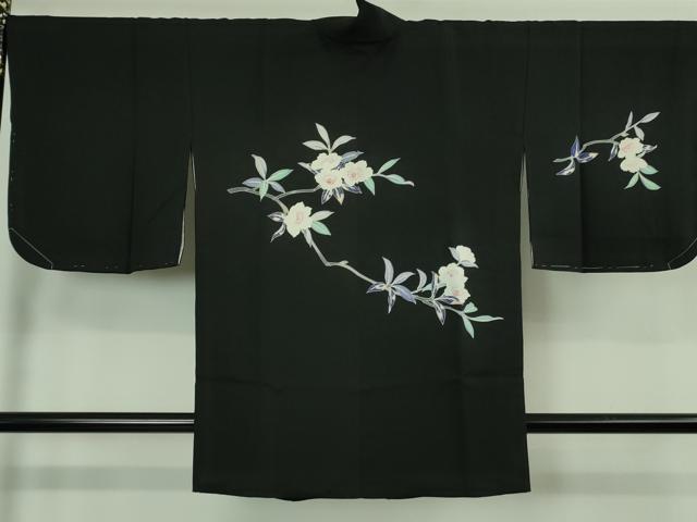 平和屋着物#極上 道中着 ロング丈 友禅 枝花文 黒地 逸品 未使用 DZAB3060kh6