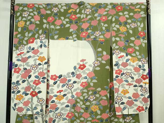 平和屋本店●極上 和染紅型 栗山紅型 栗山吉三郎 振袖 椿 鬼しぼ縮緬 逸品 DZAB3072kh6