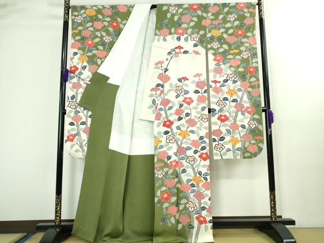 平和屋本店●極上 和染紅型 栗山紅型 栗山吉三郎 振袖 椿 鬼しぼ縮緬 逸品 DZAB3072kh6