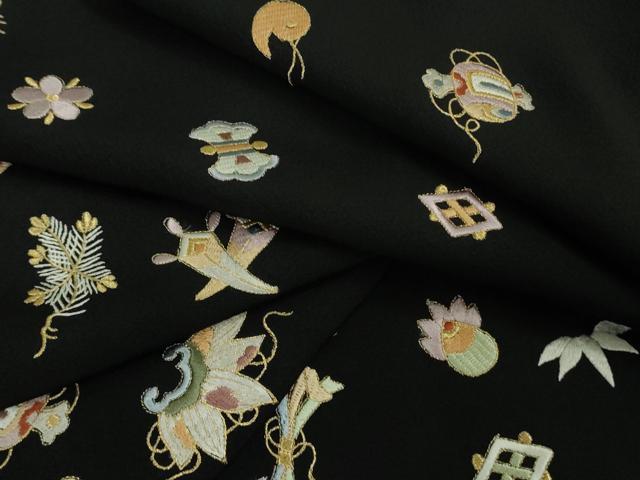 平和屋本店●極上 訪問着 総刺繍 宝尽くし 黒地 金糸 逸品 DZAB3077kh6